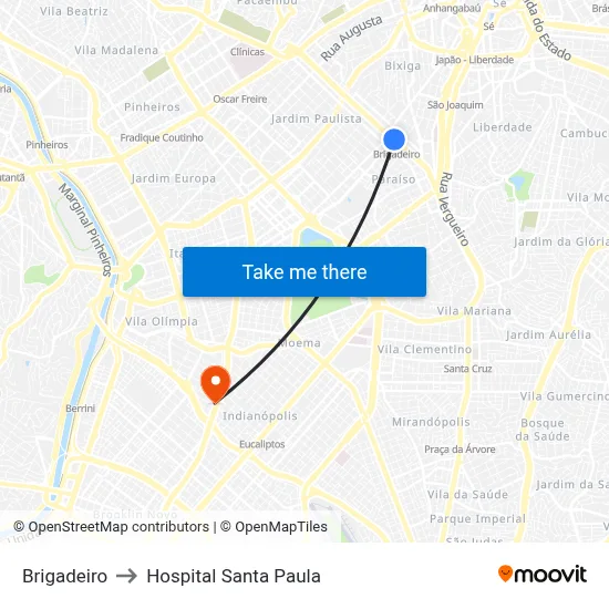 Brigadeiro to Hospital Santa Paula map