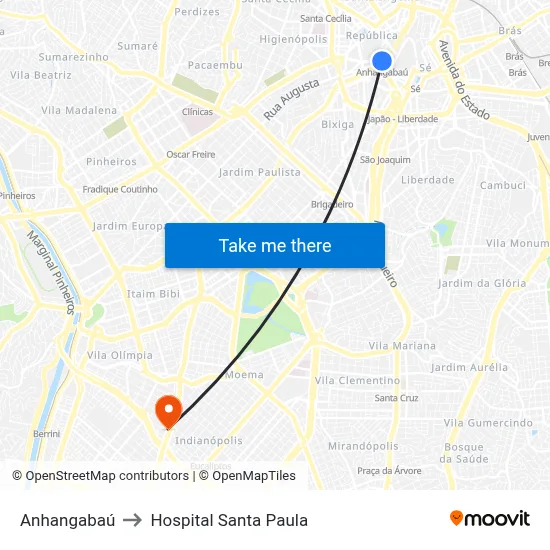 Anhangabaú to Hospital Santa Paula map