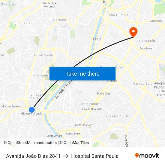 Avenida João Dias 2841 to Hospital Santa Paula map