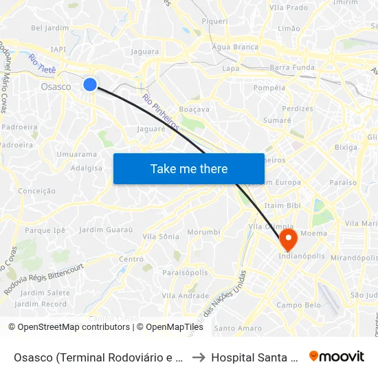 Osasco (Terminal Rodoviário e Urbano) to Hospital Santa Paula map