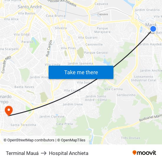 Terminal Mauá to Hospital Anchieta map