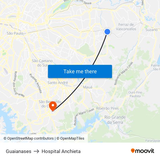 Guaianases to Hospital Anchieta map