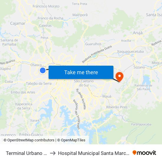 Terminal Urbano Amador Aguiar (Vila Yara) to Hospital Municipal Santa Marcelina Cidade Tiradentes - Carmem Prudente map