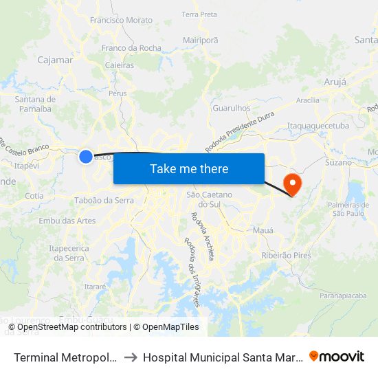 Terminal Metropolitano Luiz Bortolosso / Km 21 to Hospital Municipal Santa Marcelina Cidade Tiradentes - Carmem Prudente map