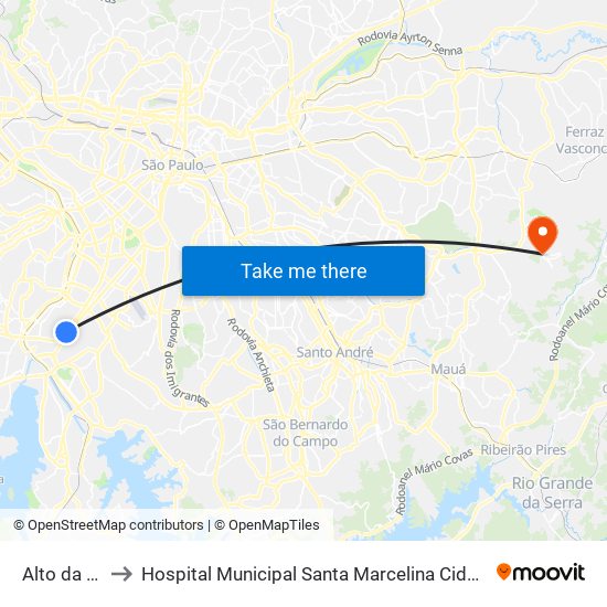 Alto da Boa Vista to Hospital Municipal Santa Marcelina Cidade Tiradentes - Carmem Prudente map