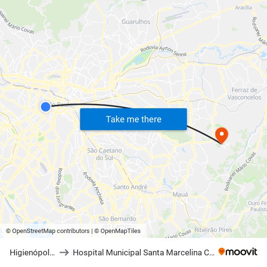 Higienópolis-Mackenzie to Hospital Municipal Santa Marcelina Cidade Tiradentes - Carmem Prudente map