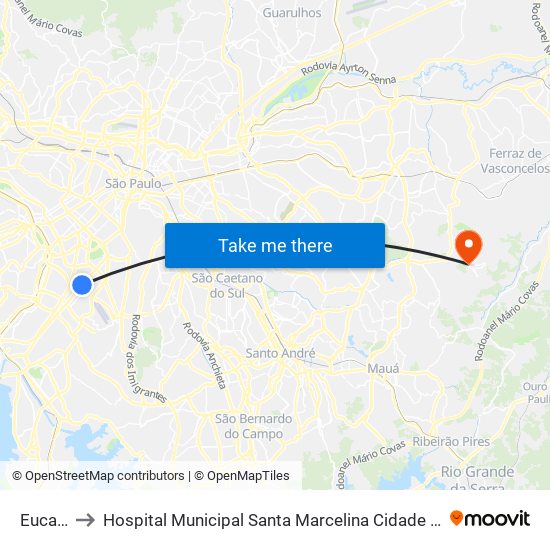 Eucaliptos to Hospital Municipal Santa Marcelina Cidade Tiradentes - Carmem Prudente map