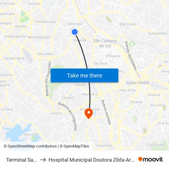 Terminal Sacomã to Hospital Municipal Doutora Zilda Arns Neumann map