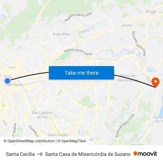 Santa Cecília to Santa Casa de Misericórdia de Suzano map