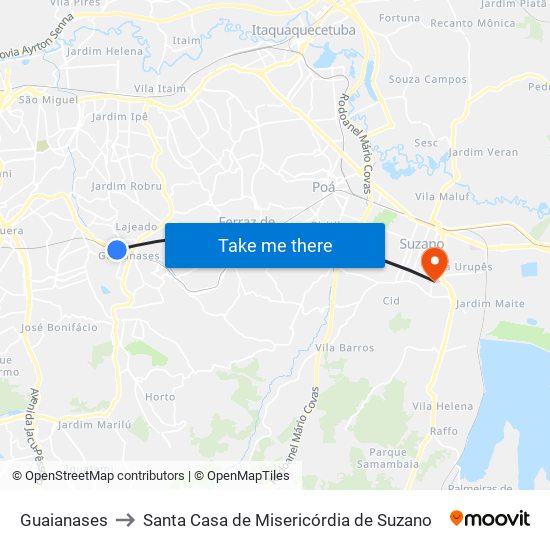 Guaianases to Santa Casa de Misericórdia de Suzano map