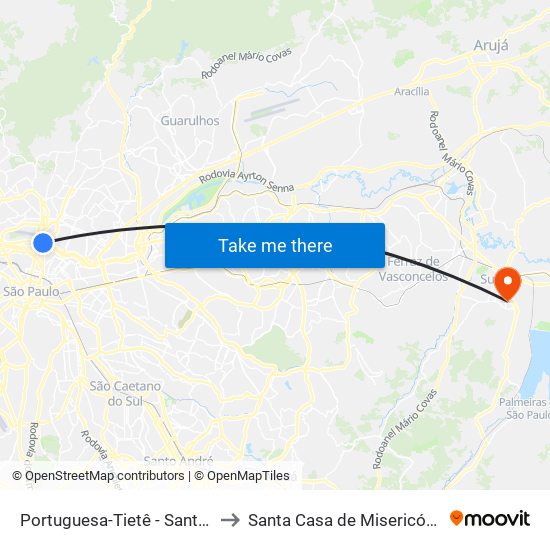 Portuguesa-Tietê - Santana, São Paulo to Santa Casa de Misericórdia de Suzano map