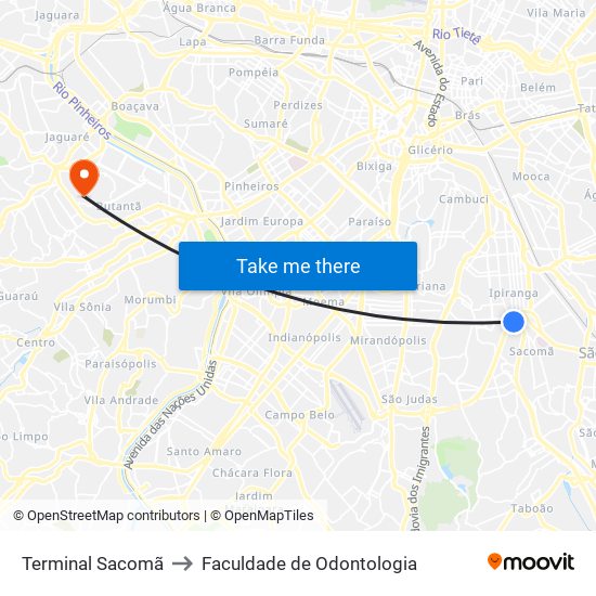 Terminal Sacomã to Faculdade de Odontologia map