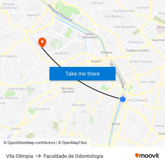 Vila Olímpia to Faculdade de Odontologia map