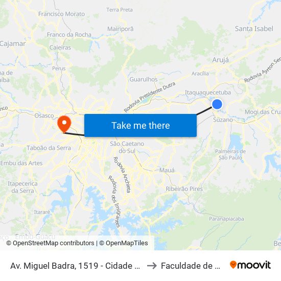 Avenida Miguel Badra, 2157 - Chácara Miguel Badra, Suzano to Faculdade de Odontologia map