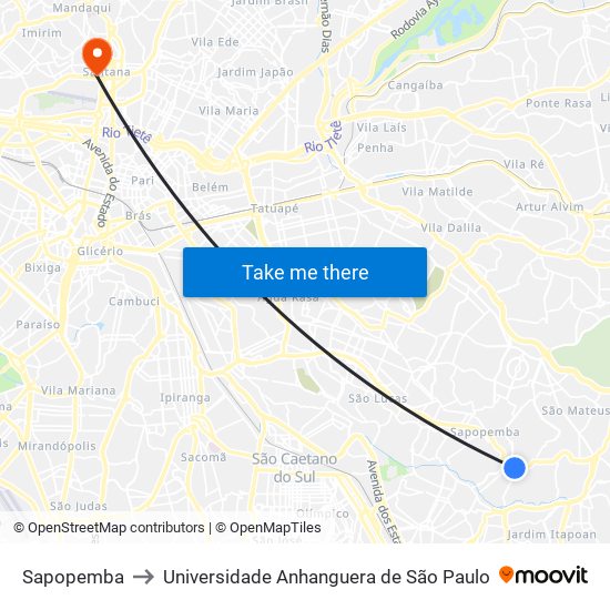 Sapopemba to Universidade Anhanguera de São Paulo map