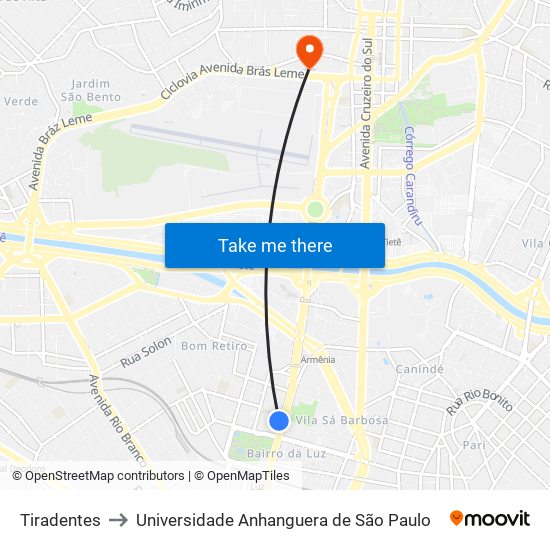 Tiradentes to Universidade Anhanguera de São Paulo map