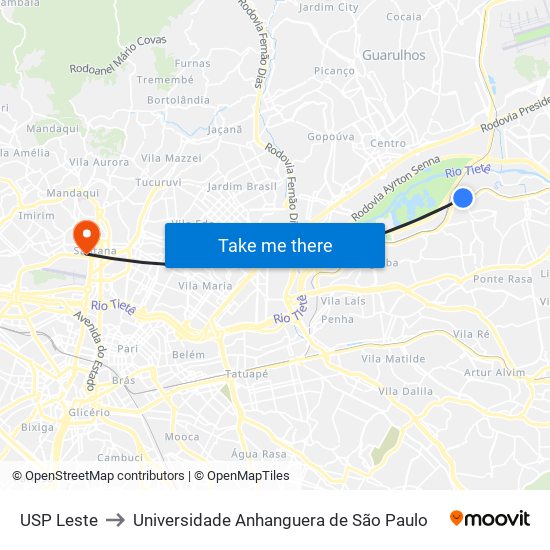 USP Leste to Universidade Anhanguera de São Paulo map