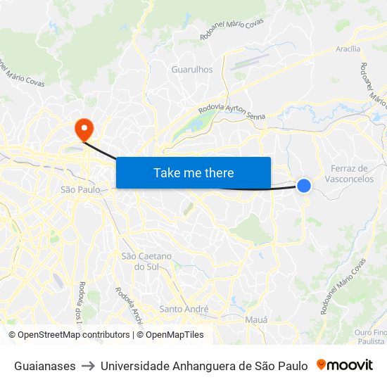 Guaianases to Universidade Anhanguera de São Paulo map