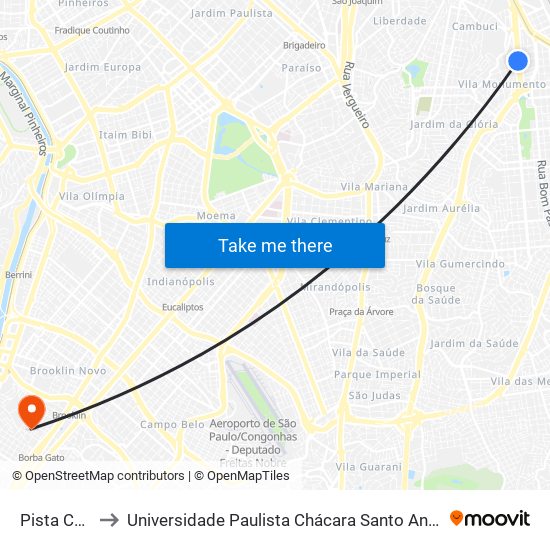 Pista Central to Universidade Paulista Chácara Santo Antônio Campus III map