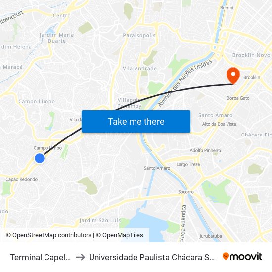 Terminal Capelinha - Plat. 1 to Universidade Paulista Chácara Santo Antônio Campus III map