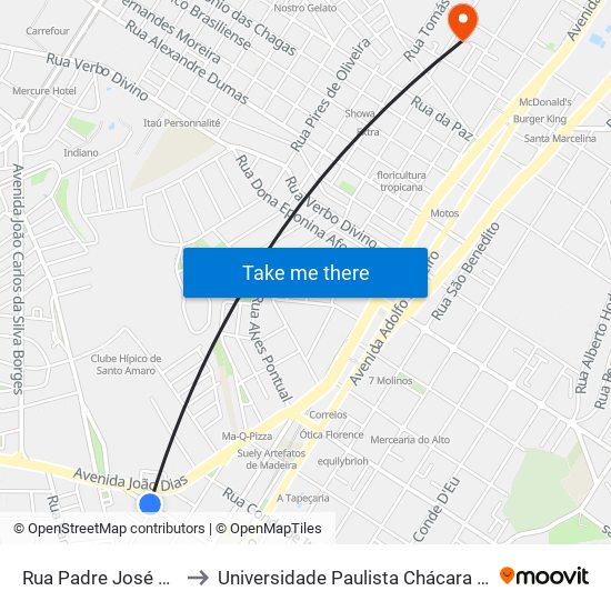 Rua Padre José de Anchieta 182 to Universidade Paulista Chácara Santo Antônio Campus III map