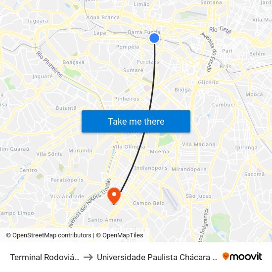 Terminal Rodoviário Barra Funda to Universidade Paulista Chácara Santo Antônio Campus III map