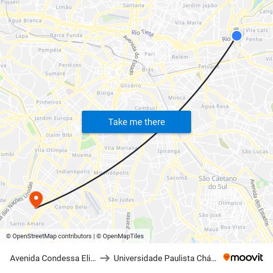 Avenida Condessa Elisabeth De Robiano 4810 to Universidade Paulista Chácara Santo Antônio Campus III map