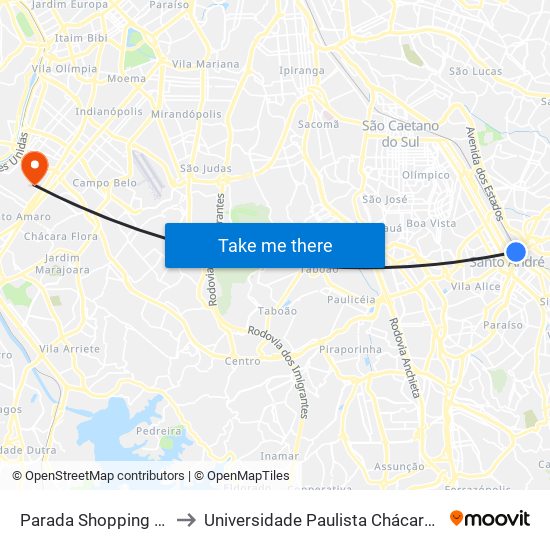 Parada Shopping Boulevard Itambé to Universidade Paulista Chácara Santo Antônio Campus III map