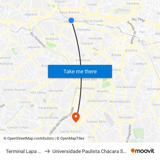 Terminal Lapa - Plataforma to Universidade Paulista Chácara Santo Antônio Campus III map