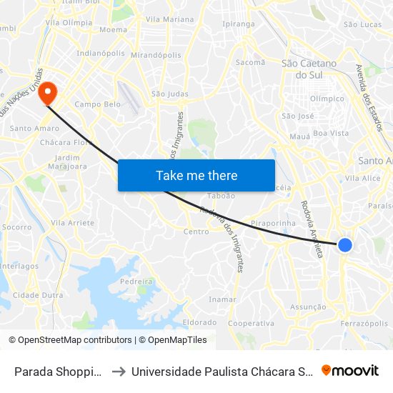 Parada Shopping Metropole to Universidade Paulista Chácara Santo Antônio Campus III map
