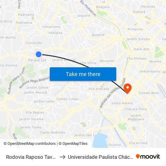 Rodovia Raposo Tavares (Km 19/São Paulo) to Universidade Paulista Chácara Santo Antônio Campus III map