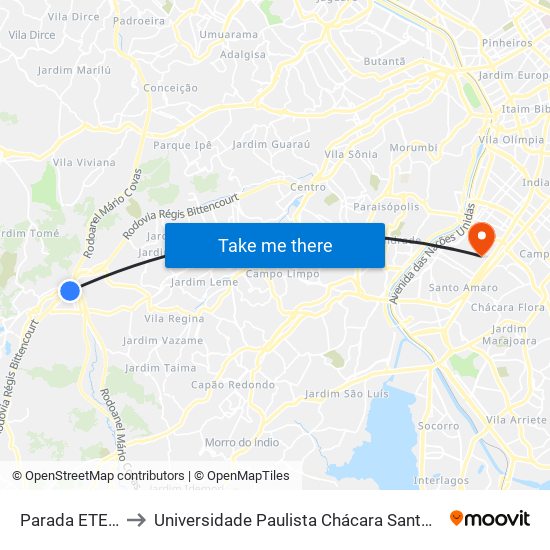 Parada ETEC Embú to Universidade Paulista Chácara Santo Antônio Campus III map