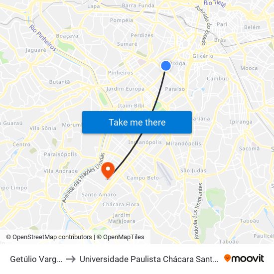 Getúlio Vargas C/B 2 to Universidade Paulista Chácara Santo Antônio Campus III map