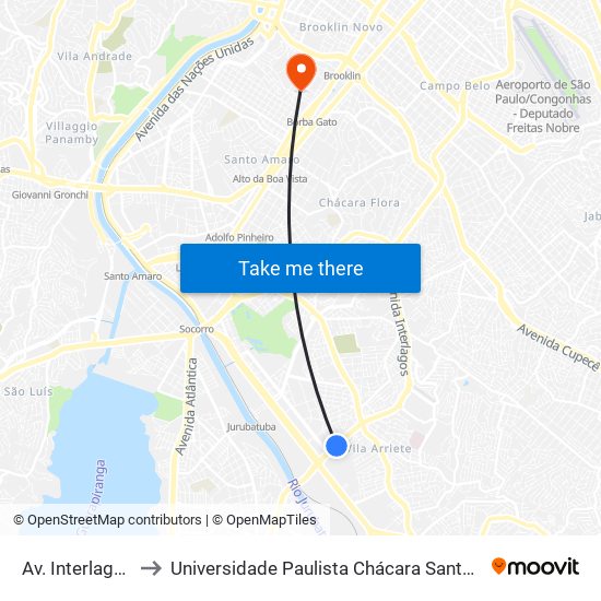 Av. Interlagos, 3501 to Universidade Paulista Chácara Santo Antônio Campus III map