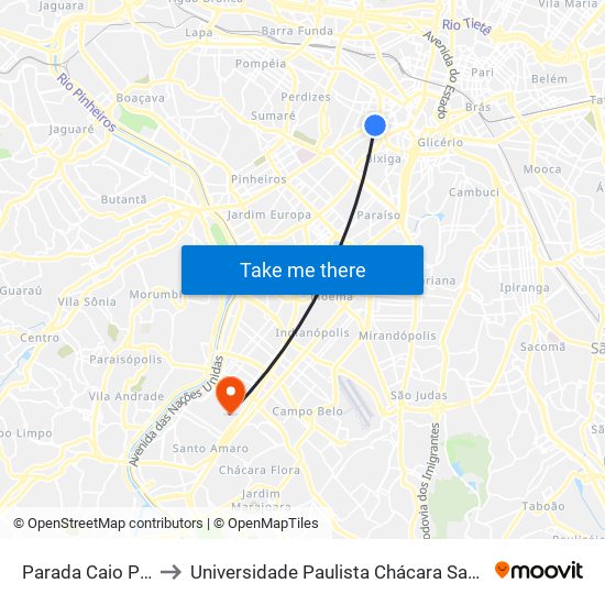 Parada Caio Prado (B/C) to Universidade Paulista Chácara Santo Antônio Campus III map