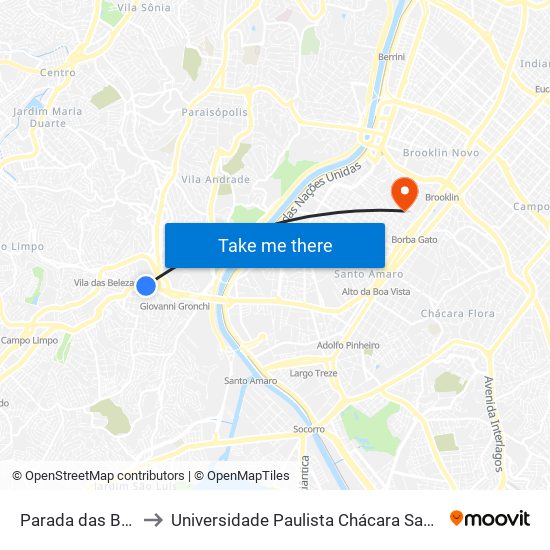 Parada das Belezas B/C to Universidade Paulista Chácara Santo Antônio Campus III map