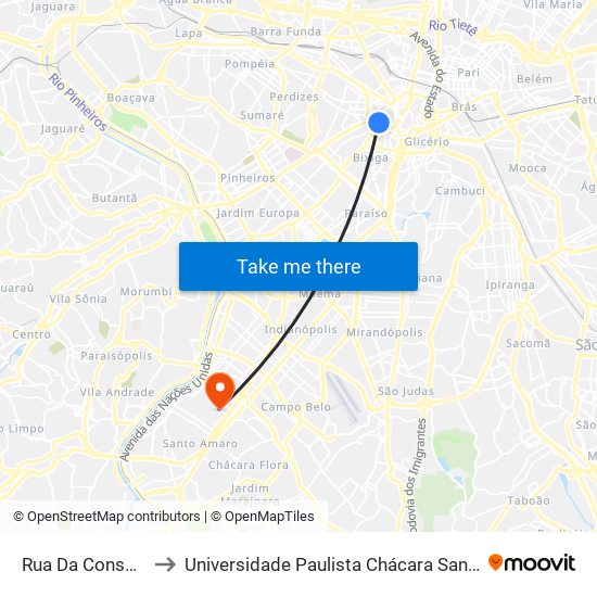 Rua Da Consolação 336 to Universidade Paulista Chácara Santo Antônio Campus III map