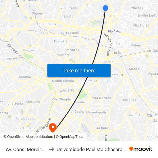 Av. Cons. Moreira de Barros, 728 to Universidade Paulista Chácara Santo Antônio Campus III map
