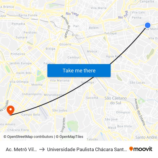 Ac. Metrô Vila Matilde to Universidade Paulista Chácara Santo Antônio Campus III map