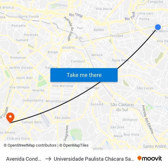 Avenida Conde De Frontin to Universidade Paulista Chácara Santo Antônio Campus III map
