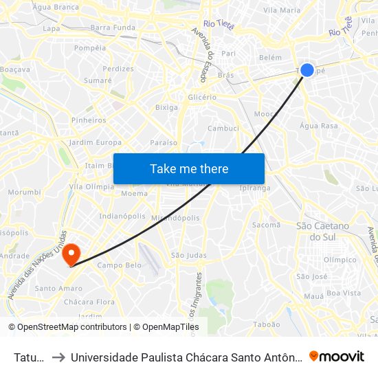 Tatuapé to Universidade Paulista Chácara Santo Antônio Campus III map