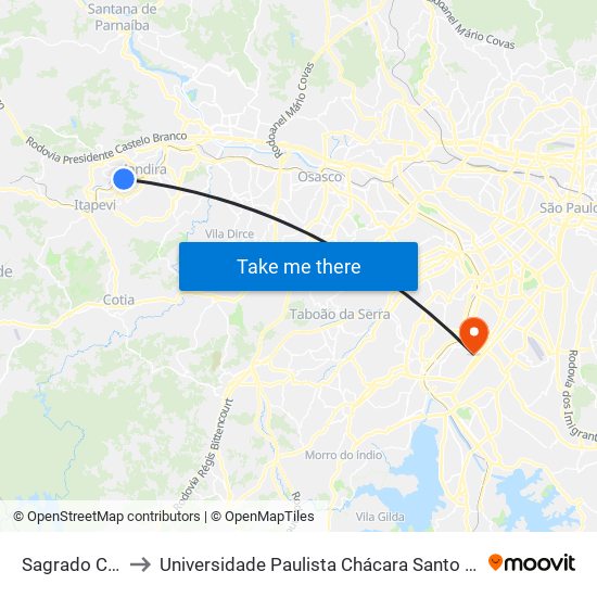 Sagrado Coração to Universidade Paulista Chácara Santo Antônio Campus III map