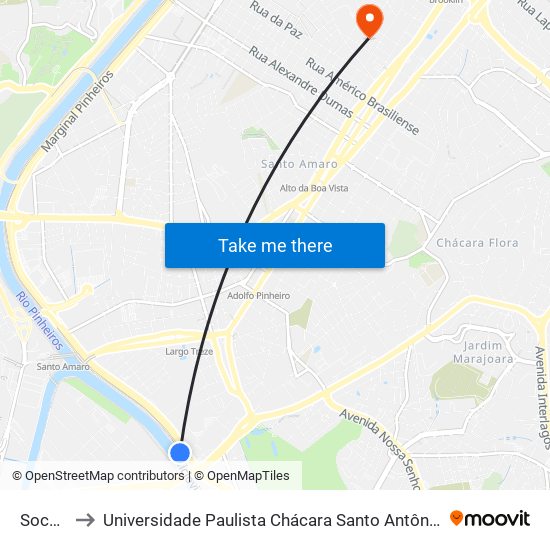 Socorro to Universidade Paulista Chácara Santo Antônio Campus III map