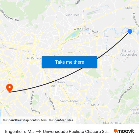 Engenheiro Manoel Feio to Universidade Paulista Chácara Santo Antônio Campus III map