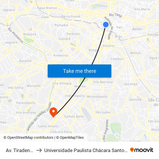 Av. Tiradentes, 615 to Universidade Paulista Chácara Santo Antônio Campus III map