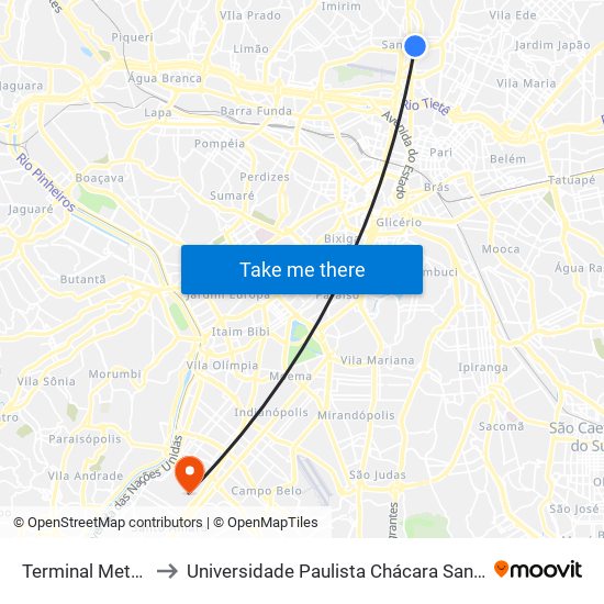 Terminal Metrô Santana to Universidade Paulista Chácara Santo Antônio Campus III map