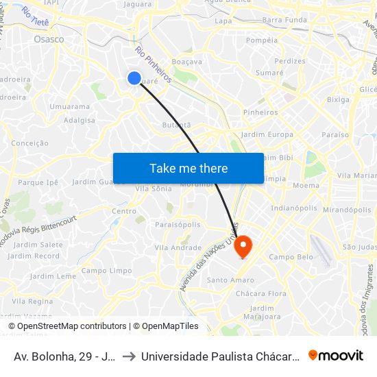 Av. Bolonha, 29 - Jaguaré, São Paulo to Universidade Paulista Chácara Santo Antônio Campus III map