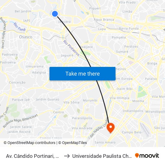 Av. Cândido Portinari, 1349 - Vila Jaguara, São Paulo to Universidade Paulista Chácara Santo Antônio Campus III map