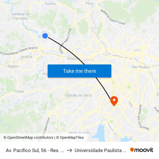 Av. Pacífico Sul, 56 - Res. Dois (Tambore), Santana de Parnaíba to Universidade Paulista Chácara Santo Antônio Campus III map