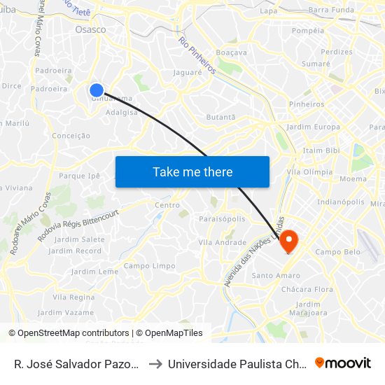 R. José Salvador Pazobom, 923 - Jaguaribe, Osasco to Universidade Paulista Chácara Santo Antônio Campus III map